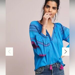 Maeve Runaway Embroidered Peasant Top Anthropologie XS Boho Cotton Tassels